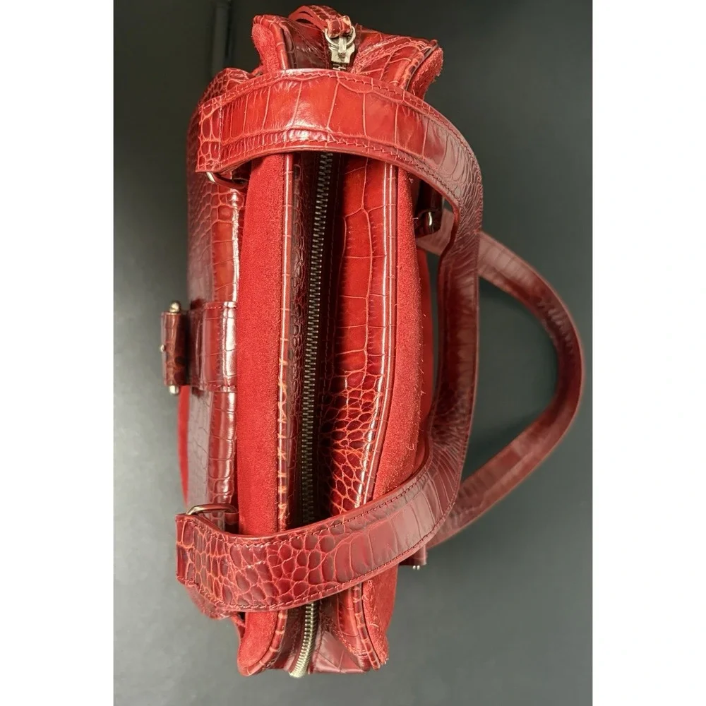 Levenger‎ Suede Leather Shoulder Bag Tote Buckle Red Square Croc Top Zip Purse